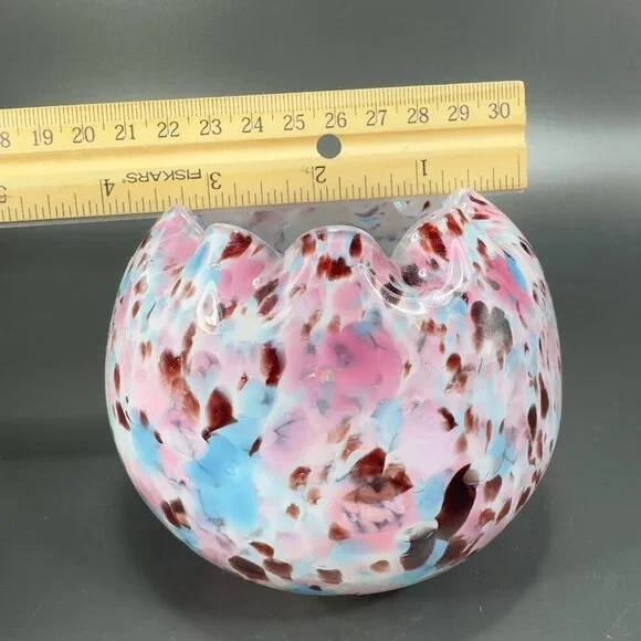 Czech Art Glass Rose Bowl Dish Hand Blown Multicolor Spots Bowl Ruffled‎ Edges - Picture 3 of 14